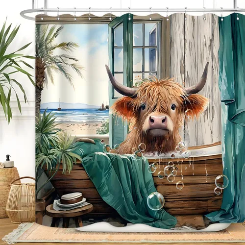 Vista 2 de Highland Cow - Cortina de ducha de verano de 60 pulgadas de ancho x 72 pulgadas de largo, divertida y linda vista al mar, vista al mar, paisaje