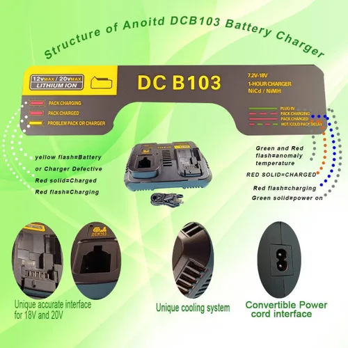 Vista 4 de Compatible con cargador Dewalt, combinación de doble puerto, carga rápida (DCB103), compatible con batería NI-CD y NI-MH de litio de 9.6V-20V