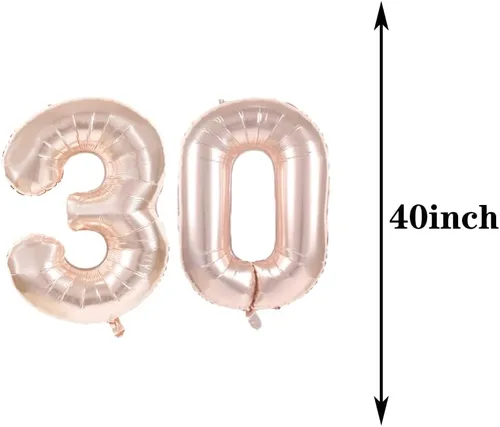Vista 2 de Decoraciones de cumpleaños número 30, suministros para fiestas, globos de oro rosa con el número 30, globos de aluminio Mylar 30 para decoración