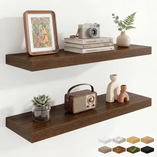 Vista 113 de Marsmiles 12in Depth Floating Shelves, 12x12x1.4, Rustic Brown, Set of 3 Marrón rústico