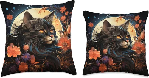 Vista 3 de Black Cat Staring Full Moon Flowers Shop Black Cat Staring - Almohada de luna llena con estrellas celestiales, 16 x 16 pulgadas, multicolor