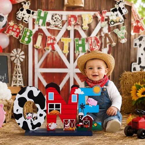 Vista 3 de Decoraciones de primer cumpleaños de animales de granja, centro de mesa de madera para niño o niña, decoración de fiesta de primer cumpleaños