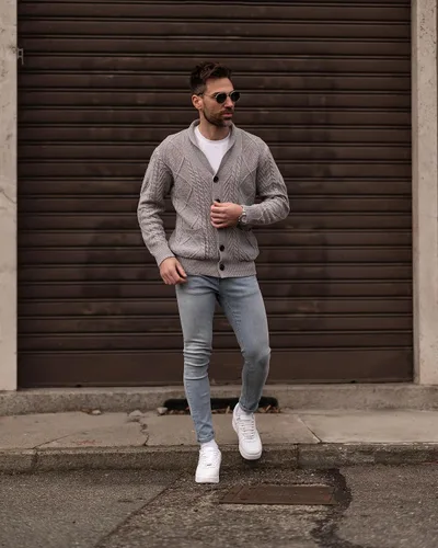 Vista 4 de JMIERR Men's Casual Long Sleeve Shawl Collar Buttons Down Cable Knit Cardigan Sweater with Pockets