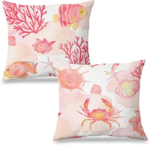 Vista 26 de Fundas de almohada costeras de langosta, fundas de almohada náuticas de langosta roja de Nueva Inglaterra con rayas azules y blancas para casa