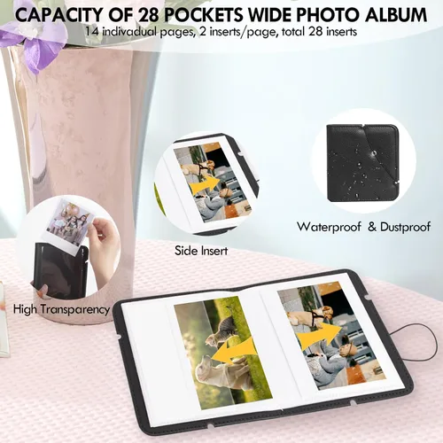 Vista 5 de Álbum de fotos pequeño para cámara instantánea Instax WIDE 400/WIDE EVO, 28 bolsillos, álbum de fotos de cuero retro para Instax Wide 300/200/Pola