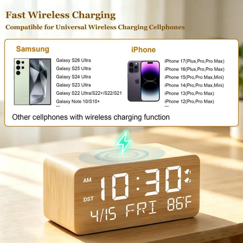 Vista 4 de Reloj despertador digital de madera de bambú premium con cargador de teléfono inalámbrico, puertos de carga USB duales, pantalla LED regulable