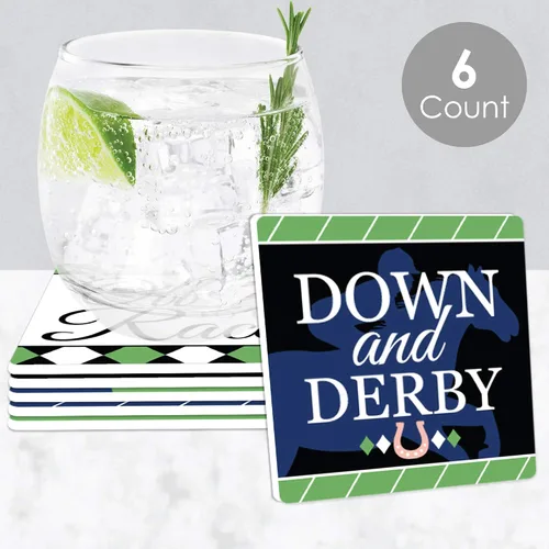 Vista 2 de Big Dot of Happiness Kentucky Horse Derby - Divertidas decoraciones de fiesta de carreras de caballos - Posavasos para bebidas - Juego de 6