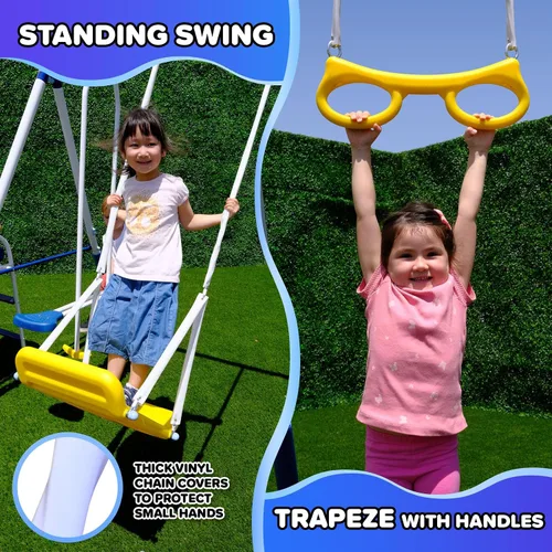 Vista 5 de Sportspower Super 9 Juego de columpios metálicos para juego al aire libre en el patio trasero: Teeter Totter, Glide Ride, Roman Glider, columpio