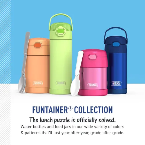 Vista 5 de THERMOS Funtainer - Tarro de alimentos aislado de 16 onzas, tarro de comida para niños con cuchara plegable, azul denim