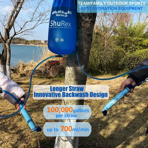 Vista 3 de Sistema de filtración de agua alimentada por gravedad con correa ajustable para árboles, bolsa de gravedad grande con popote de filtro, purificador