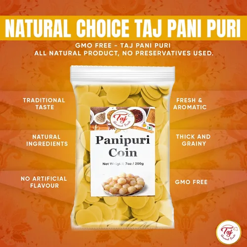 Vista 4 de Monedas TAJ Pani Puri Flat Puri Sin cocer Apto para microondas 7 oz (200 g)