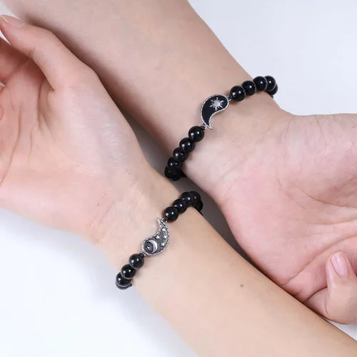 Vista 3 de COAI Yin Yang - Pulseras de piedra para parejas con diseño de My Sun and Stars Moon of My Life, Piedra, Ónix mate y howlita