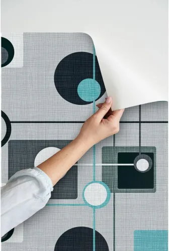 Vista 3 de Papel tapiz para despegar y pegar – Orbs Squares Grey Aqua Black White Vintage Blue Retro Circles Papel pintado personalizado extraíble por