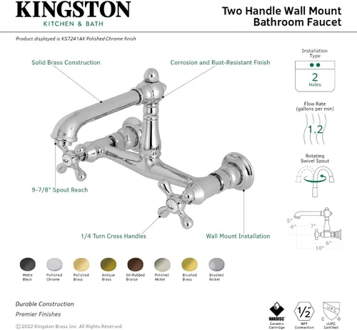 Vista 3 de Kingston Brass KS7248AX English Country - Grifo de fregadero central de pared de 8 pulgadas, 6-5/8 pulgadas de alcance de boquilla, níquel cepillado