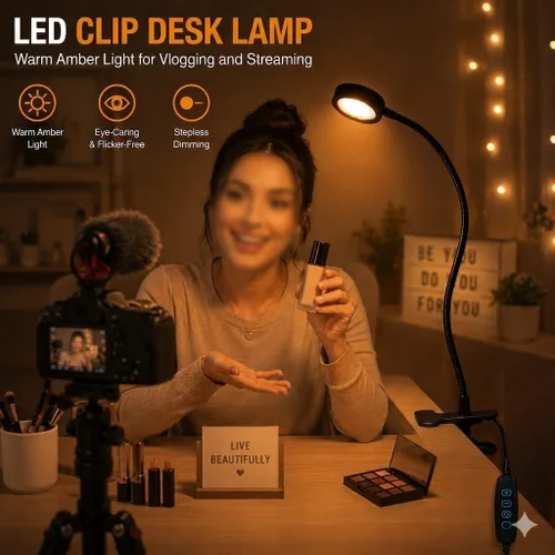 Vista 9 de Lámpara de escritorio USB con clip con 3 modos de color, brillo ajustable, cuello de cisne, temporizador de 1 minuto, luz de libro para leer libro