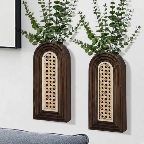 Vista 10 de Dnnnii Juego de 2 jarrones de pared de madera, acabado negro, decoración de pared moderna de granja y bohemio para entrada, pasillo, baño, sala