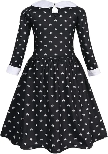Vista 3 de VEVEIL Wednesday Addams - Disfraz de 5 piezas para niñas, disfraz de Addams, familia, cosplay, peluca, calcetines, guantes de Halloween