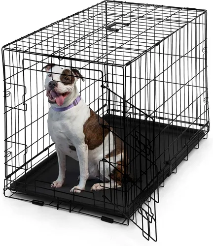 Vista 10 de CAPHAUS Perrera plegable de alambre de metal para perros con bandeja a prueba de fugas y patas protectoras y panel divisor, puerta individual