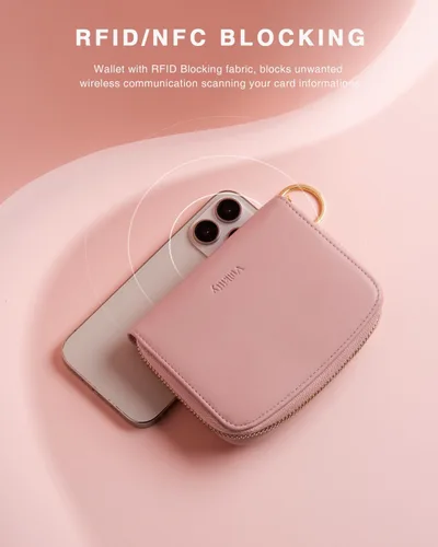 Vista 6 de Vulkitty Cartera pequeña para mujer con bloqueo RFID con cremallera alrededor de la funda triple compacta de cuero para tarjetas con bolsillo
