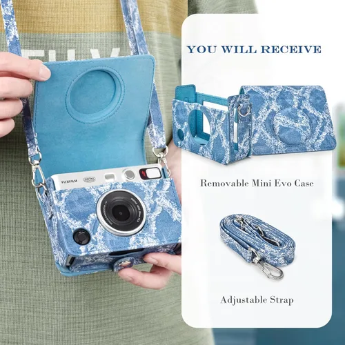 Vista 3 de Rieibi Mini EVO - Funda protectora de piel sintética vintage para cámara instantánea Fujifilm Instax Mini EVO, funda extraíble con correa ajustable