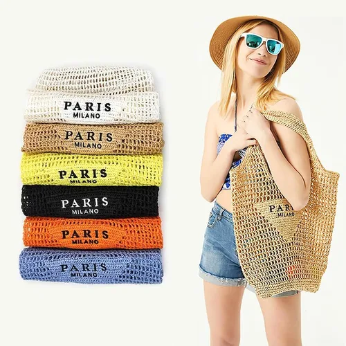 Vista 2 de IBower Bolsa tejida de paja para mujer, bolsa de playa de malla de paja, bolsa de hombro, plegable, de gran capacidad, para días festivos y fiestas