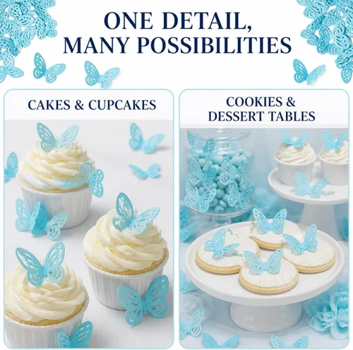 Vista 4 de 60 piezas de papel comestible azul con diseño de mariposas Mariposas azules 60 piezas