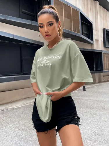 Vista 5 de COZYEASE Camiseta casual de manga corta con cuello redondo y estampado de letras para mujer