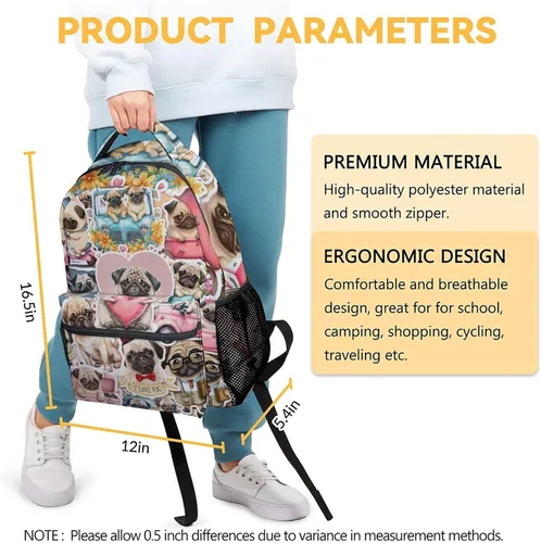 Vista 3 de GIHSWE Mochila de carlino para niñas y niños, mochilas de dibujos animados lindas de 16 pulgadas para niños y estudiantes, regalos para los amantes
