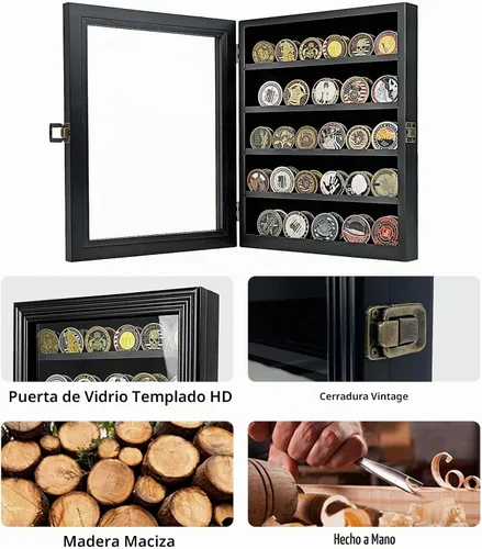 Vista 3 de ASmileIndeep - Expositor de monedas de desafío militar con estuche de vidrio templado HD y montaje en pared, soporte de monedas de madera con Negro