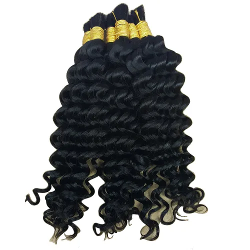 Vista 2 de Pelo ondulado profundo a granel para trenzar cabello humano sin trama, 3 paquetes de 5.29 oz brasileño