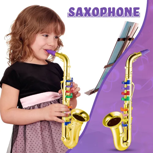 Vista 3 de Lewtemi Juego de 2 instrumentos musicales de juguete que incluye saxofón + 8 teclas de saxofón dorado instrumentos musicales de plástico para niños