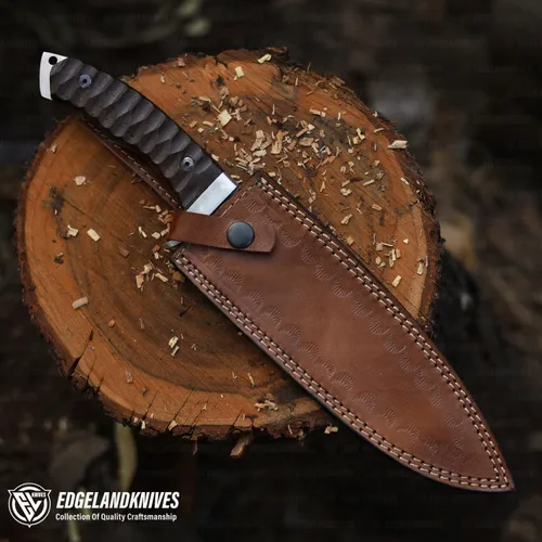 Vista 6 de Cuchillo Bowie con funda, cuchillo de caza de hoja fija para camping, senderismo, bushcraft, equipo al aire libre, cuchillo de supervivencia