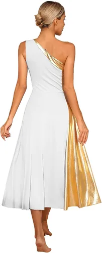 Vista 3 de Vestido de baile de alabanza lírico metálico de un hombro para mujer, sin mangas, ropa de baile litúrgica