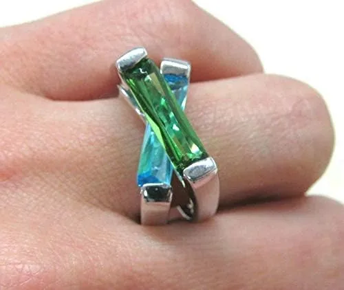 Vista 4 de Anillo moderno de plata esterlina cruzada flotante de helenita azul y verde R98S 4.0 ct