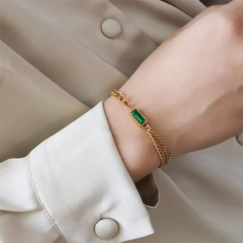 Vista 4 de tenghong2021 Retro verde pequeño cuadrado circón collar pulsera pendientes conjunto femenino aleación tendencia a juego joyería dama niña boda