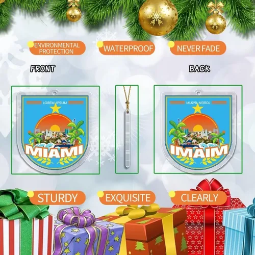 Vista 2 de Miami Florida USA Adorno de Navidad de acrílico transparente de doble cara para decoración de árbol, colgante de recuerdo de viaje, colección