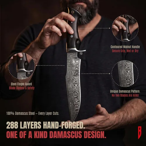 Vista 3 de BIGCAT ROAR Leopard Hunter - Cuchillo de caza hecho a mano de acero de Damasco de hoja fija de 12 pulgadas - Mango de madera de nogal y funda