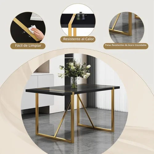 Vista 5 de Juego de mesa de comedor moderna de 55 pulgadas para 4, mesa de comedor negra y marco de metal dorado, mesa de comedor rectangular con 4 sillas