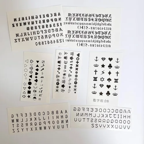 Vista 6 de 30 hojas de calcomanías temporales para tatuajes del alfabeto, tatuajes de dedos, letras negras en inglés, nombre de bricolaje, tatuajes de corona