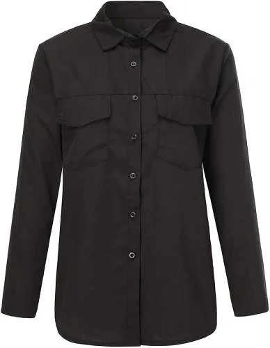 Vista 6 de Womens Tees, Women Casual Solid Long Sleeve Turn Down Collar Pockets Button Front Shirt Tops