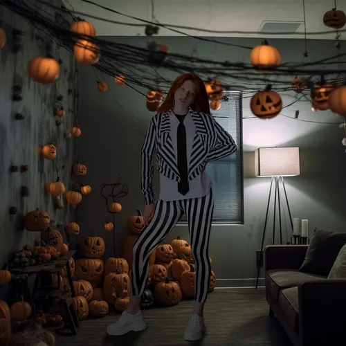 Vista 7 de SATINIOR Traje de Halloween a rayas verticales blancas y negras para mujer, pantalones de longitud con chaqueta de corbata