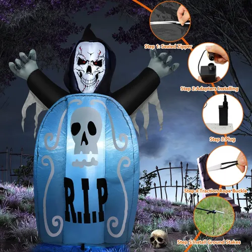 Vista 4 de COMIN Inflables de Halloween de 5.3 pies con lápida fantasma para decoración al aire libre, inflables de Halloween con luz LED incorporada
