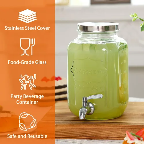Vista 3 de Moretoes Dispensador de bebidas de vidrio de 1 galón para fiestas, dispensador de bebidas para jugo y té helado, tarro hermético de vidrio para té