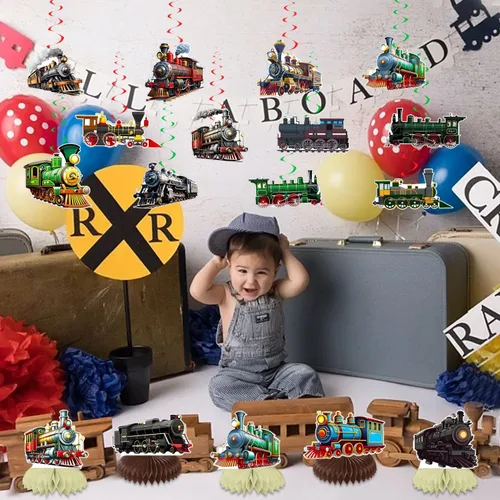 Vista 6 de Decoraciones retro para fiesta de tren de vapor, suministros de decoración de fiesta de cumpleaños, incluye pancarta de feliz cumpleaños, remolinos