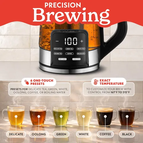 Vista 5 de Gourmia Hervidor eléctrico programable de vidrio – 1.7L Control de temperatura para té y café con pantalla táctil digital, 6 ajustes
