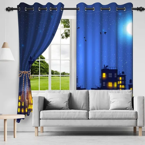 Vista 2 de Cortinas de superhéroe de 21 x 45 pulgadas, diseño de dibujos animados, cómic, edificios de ciudad, edificios, 2 paneles de oscurecimiento