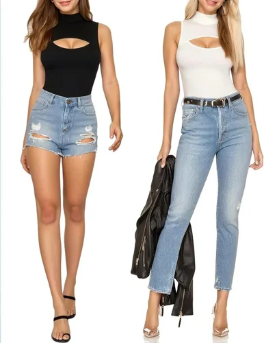 Vista 4 de MANGOPOP Body de manga larga con cuello alto falso para mujer, manga larga, sin mangas, cuello de tortuga, trajes sexis