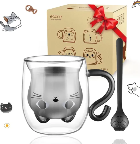 Vista 15 de ecooe Juego de 2 tazas de café de doble pared de 4 onzas, tazas de café de vidrio transparente con asa, taza de café aislada de borosilicato Clear