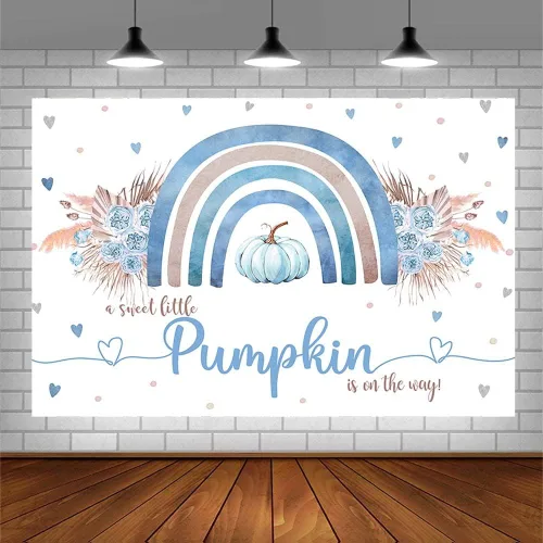 Vista 3 de Sendy Telón de fondo bohemio de calabaza azul de 7 x 5 pies para baby shower, otoño, A Little Pumpkin Boy is on The Way, suministros de decoración