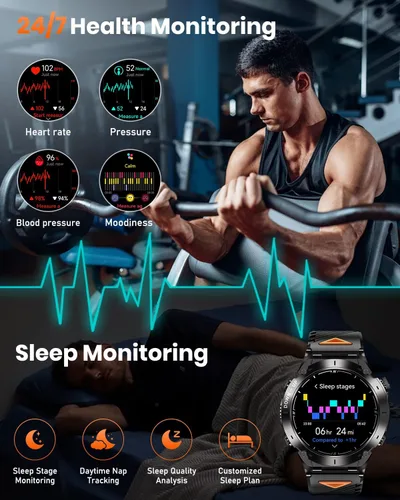 Vista 6 de GPS Military Smart Watch for Men with Bluetooth Call, 1.43" AMOLED Waterproof Smart Watch with Flashlight, 170+ Sport Mode, 730mAh Heart